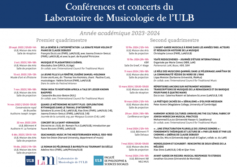Conférences et concerts du Laboratoire de musicologie de l’ULB  Année académique 2023-2024